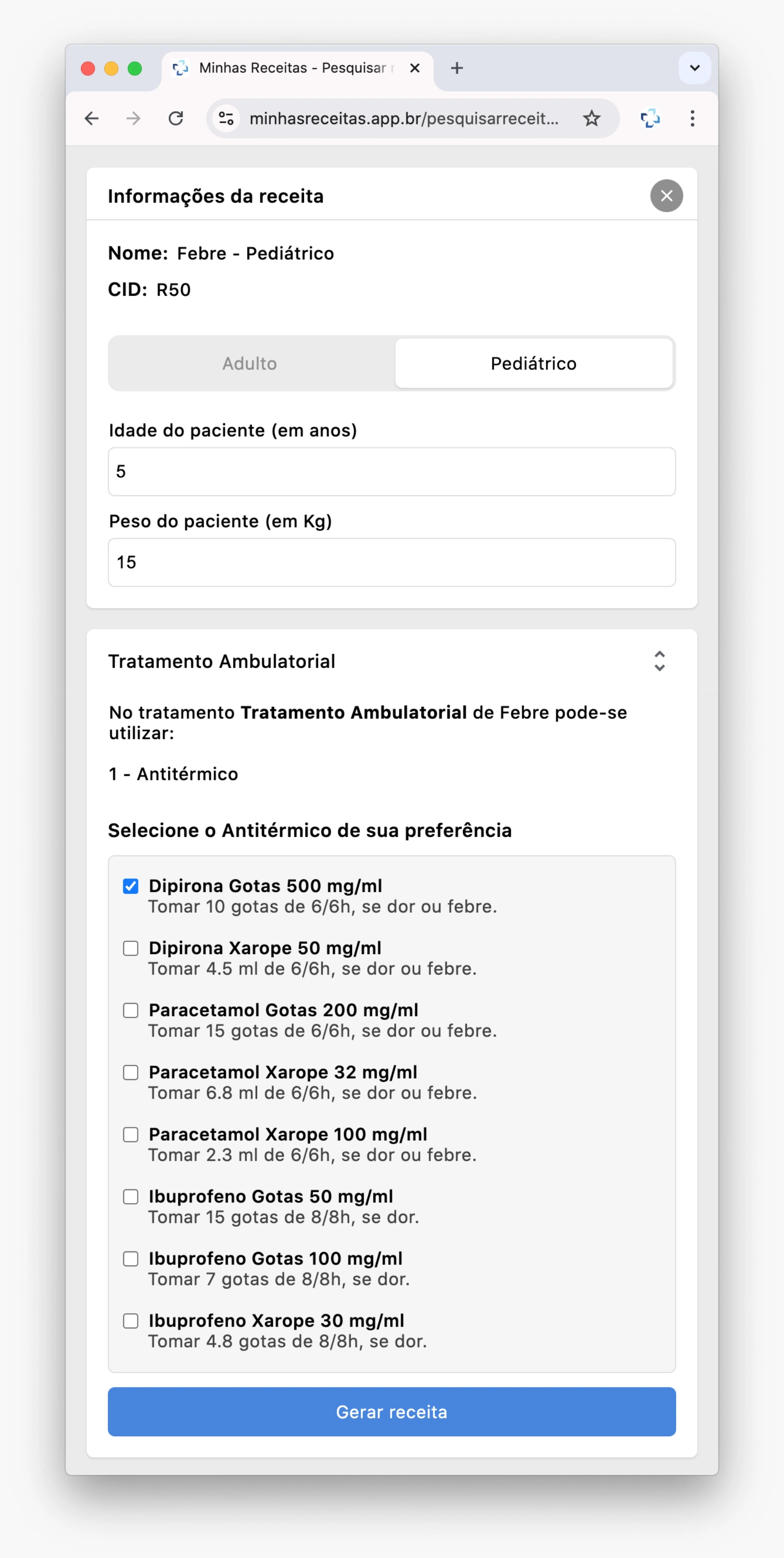 Todas as medicações pediátricas com as doses calculadas.